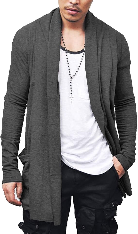 COOFANDY Men's Ruffle Shawl Collar Cardigan Open Front Lightweight Long Length Drape Cape Overcoat with Pockets S-XXXL