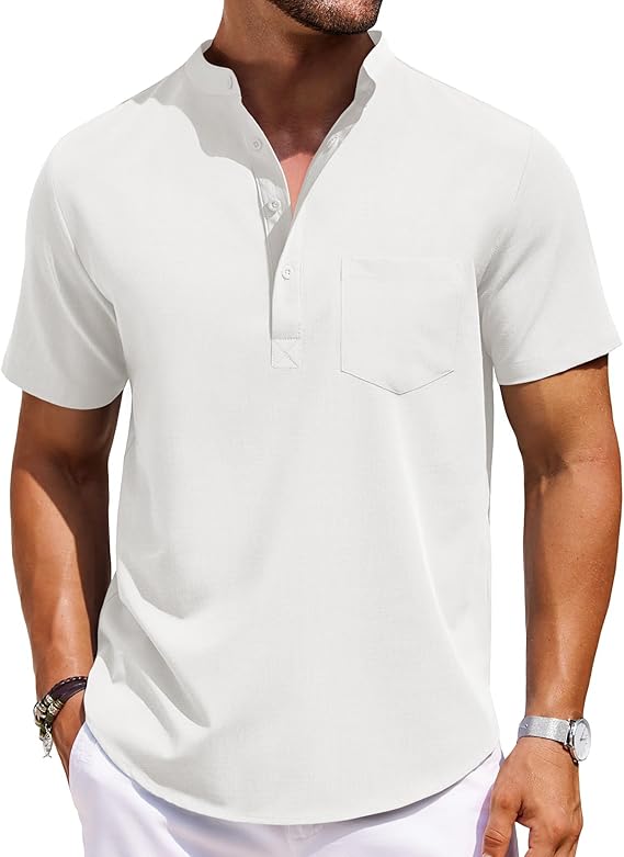 COOFANDY Mens Casual Henley Shirts Band Collar Short Sleeve T-Shirts Summer Stylish Beach Hippie Shirt