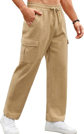 COOFANDY Mens Casual Cargo Pants Relaxed Fit Outdoor Hiking Pants Cotton Drawstring Sweatpants with Pockets, Khaki, Small