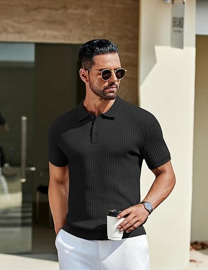 COOFANDY Mens Knit Polo Shirts Short Sleeve Button Down Shirt Textured Casual Summer Beach Shirts