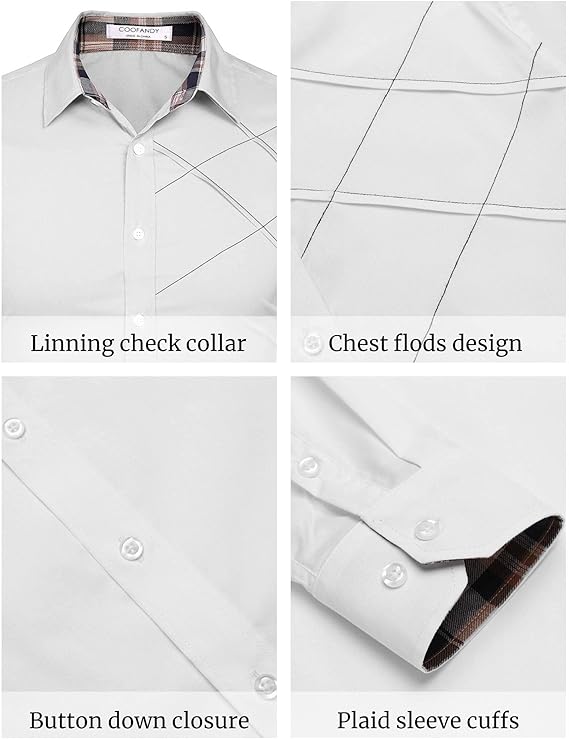 COOFANDY Men's Cotton Dress Shirts Long Sleeve Plaid Collar Shirt Slim Fit Casual Button Down Shirt