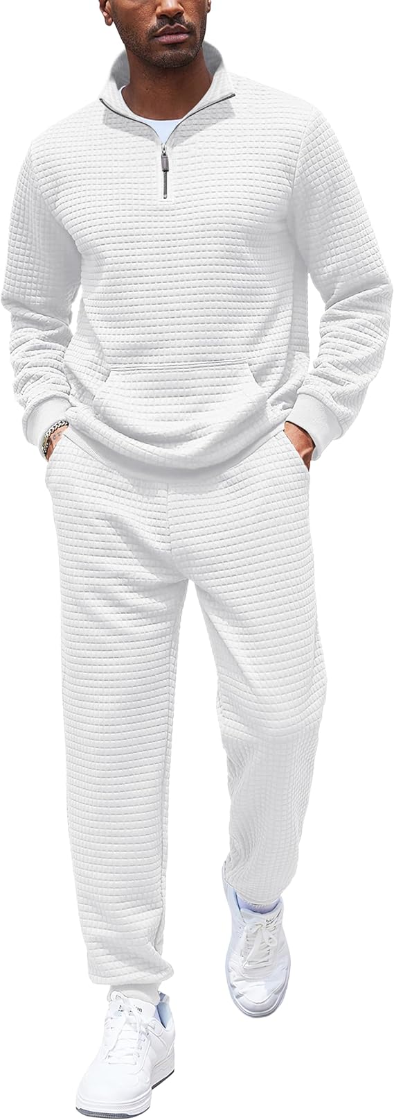 COOFANDY Men's Tracksuit 2 Piece Quarter Zip Sweatsuit Workout Plaid Jacquard Jogging Suit Set