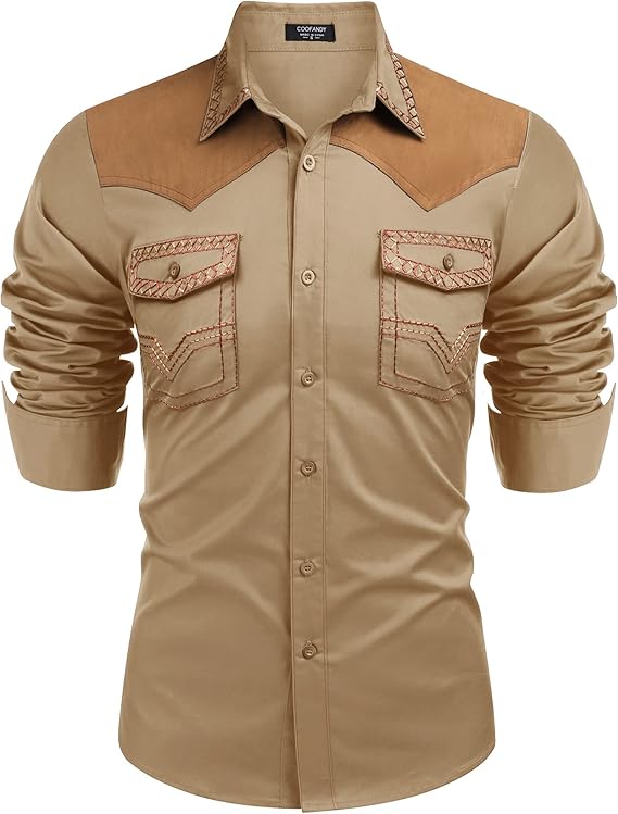 COOFANDY Western Cowboy Shirt Long Sleeve Slim Fit