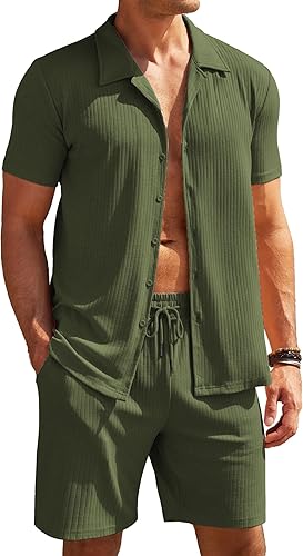 COOFANDY Short Sets for Men Casual Short Sleeve Cuban Collar Shirt Beach Outfits Sets