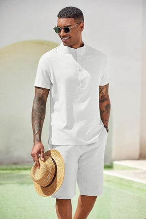 COOFANDY Men's 2 Pieces Set Short Sleeve Henley Shirts and Shorts Pants Texture Summer Beach Vacation Outfits