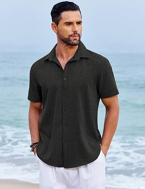 COOFANDY Men's Beach Summer Shirts Linen Texture Shirts Short Sleeve Casual Button Down Shirt