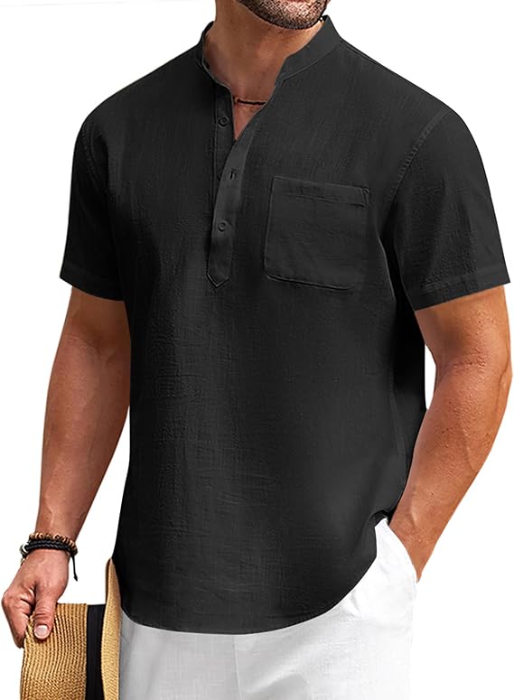 COOFANDY Cotton Linen Henley Shirt Short Sleeve T-Shirts