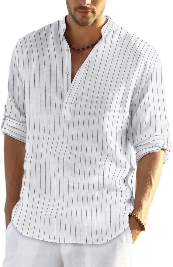 COOFANDY Men's Saint Patrick's Day Green Cotton Linen Henley Shirt Long Sleeve Casual Beach Tee