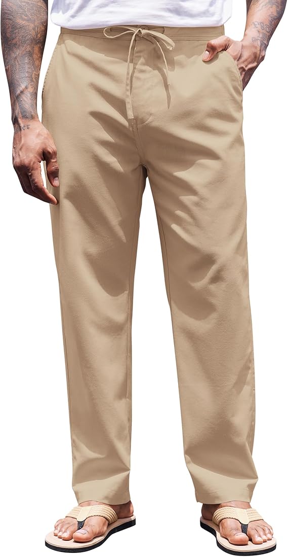 COOFANDY Men's Casual Linen Pants Elastic Waist Drawstring Yoga Beach Pants Lightweight Loose Fit Trousers with Pockets