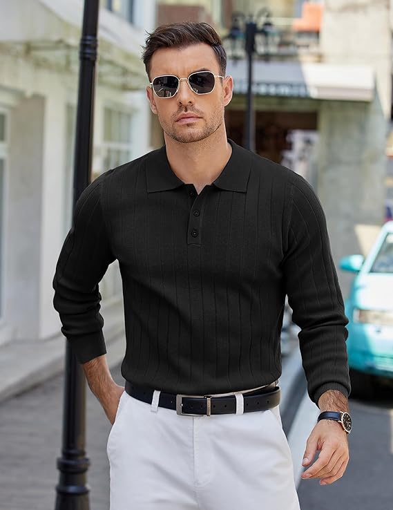 COOFANDY Mens Knit Polo Sweater Long Sleeve Polos Lightweight Casual Dress Pullover Sweaters