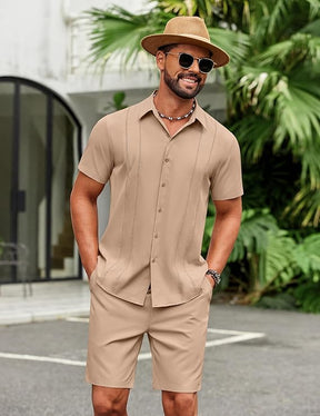 COOFANDY Men's 2 Piece Outfits Cuban Guayabera Short Sleeve Shirts and Shorts Summer Beach Vacation Sets for Men