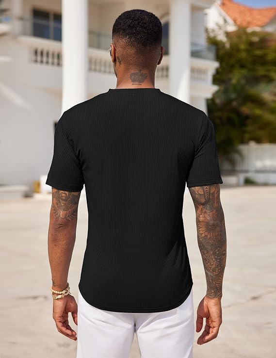 COOFANDY Mens Henley Shirts Short Sleeve Tshirt Basic Button Tees Summer Ribbed Pocket T Shirt Casual Stretch Tops