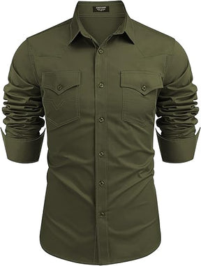 COOFANDY Men's Western Cowboy Shirts Long Sleeve Cotton Casual Button Down Work Shirt with Pockets