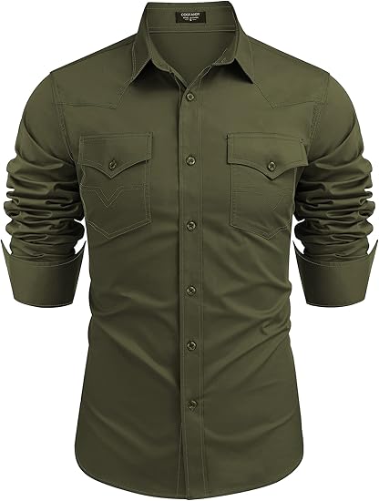 COOFANDY Men's Western Cowboy Shirts Long Sleeve Cotton Casual Button Down Work Shirt with Pockets