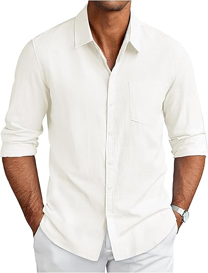 COOFANDY Men's Long Sleeve Button Down Shirts Casual Cotton Linen Shirts Summer Beach Shirt with Pocket