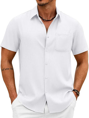 COOFANDY Mens Button Down Shirt Short Sleeve Casual Shirts Summer Beach Wedding Linen Shirt with Pocket
