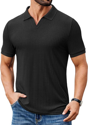 COOFANDY Men's Ribbed Polo Shirts Short Sleeve V Neck Slim Fit Polo T-Shirt Casual Summer Collared Golf Shirt