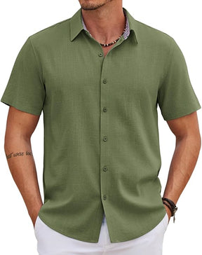 COOFANDY Men's Saint Patrick's Day Green Linen Shirt Short Sleeve Button Down Casual Plaid Collar Summer Beach Shirt