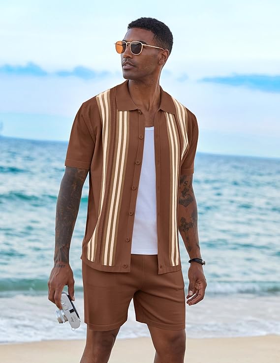 COOFANDY Men's 2 Piece Outfits Summer Short Sets Vintage Knit Button Down Shirt Short Sleeve Polo Casual Beach Suits