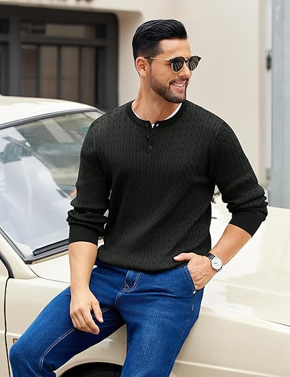 COOFANDY Men's Knit Henley Sweater Long Sleeve Button Down Fall Sweaters and Pullovers