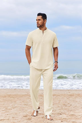COOFANDY Men's 2 Piece Cotton Sets Casual Short Sleeve Henley Shirts and Beach Pants with Pockets Summer Vacation Outfits