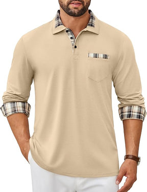 COOFANDY Men's Polo Shirt Long Sleeve Casual Button Polo Tee Plaid Collared Golg Shirt with Pocket