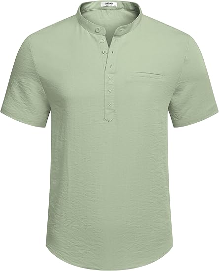 COOFANDY Men's Henley Shirts Band Collar Short Sleeve T-Shirts Casual Summer Beach Shirt Hippie Fashion Hawaiian Shirt