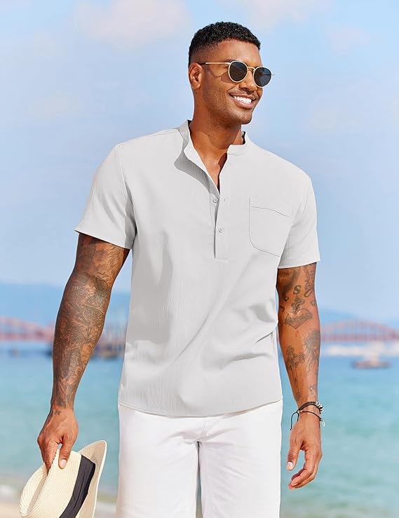 COOFANDY Men's Casual Henley Shirt Short Sleeve Summer Beach Band Collar Shirt Hippie Henley T-Shirts with Pocket