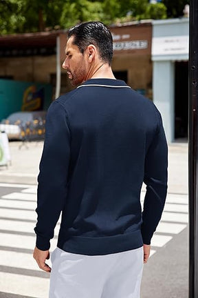 COOFANDY Mens Knit Polo Long Sleeve Collared Sweater Polo Business Casual Polos with Pocket