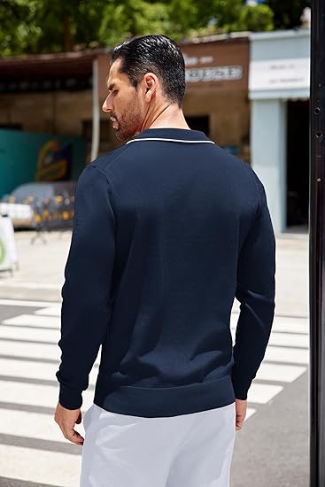 COOFANDY Mens Knit Polo Long Sleeve Collared Sweater Polo Business Casual Polos with Pocket