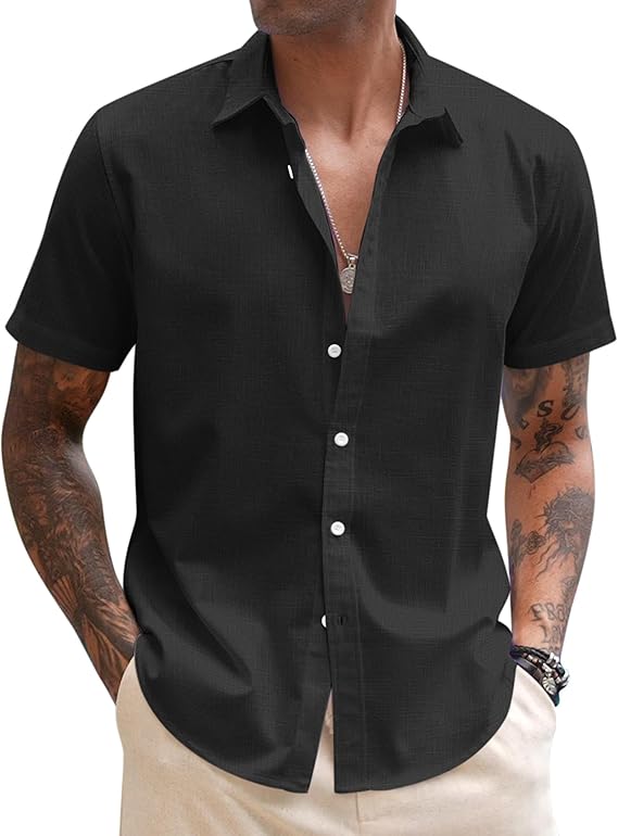 COOFANDY Mens Linen Casual Short Sleeve Shirt Button Down Summer Beach Shirts