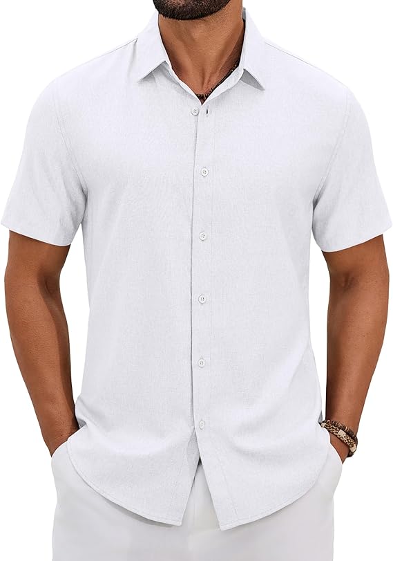 COOFANDY Mens Button Down Shirt Short Sleeve Casual Linen Shirts Summer Beach Wedding Shirts