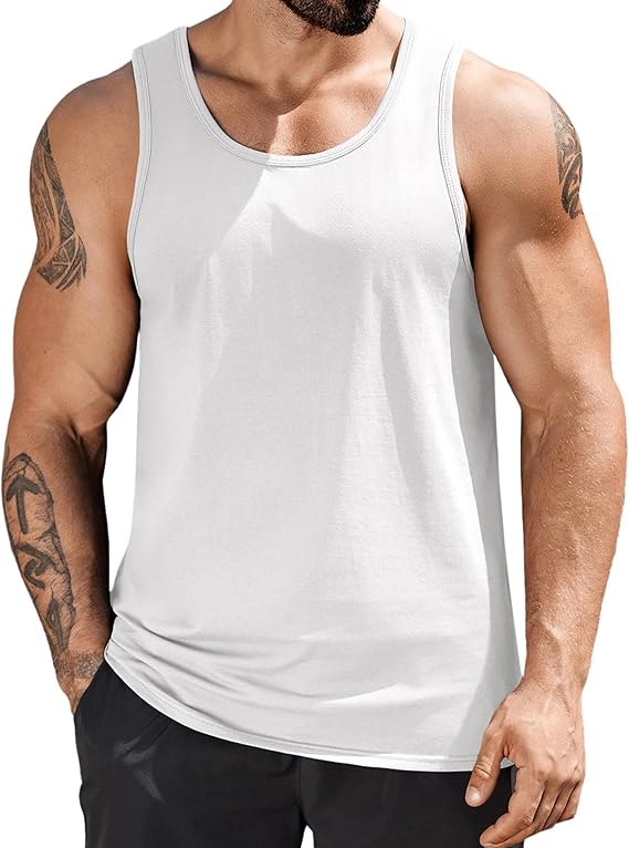 COOFANDY Mens Cotton Tank Tops Summer Beach Sleeveless Muscle Shirts Gym Workout Running Tank Shirt Pack White L