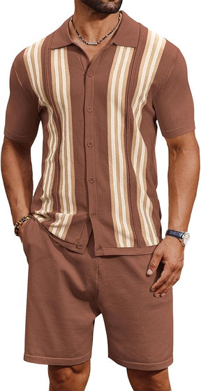 COOFANDY Men's 2 Piece Outfits Summer Short Sets Vintage Knit Button Down Shirt Short Sleeve Polo Casual Beach Suits
