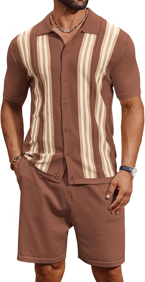 COOFANDY Men's 2 Piece Outfits Summer Short Sets Vintage Knit Button Down Shirt Short Sleeve Polo Casual Beach Suits