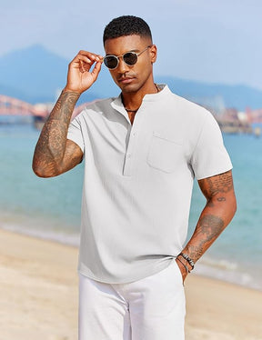 COOFANDY Men's Casual Henley Shirt Short Sleeve Summer Beach Band Collar Shirt Hippie Henley T-Shirts with Pocket