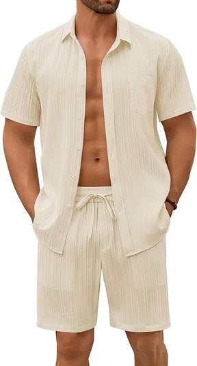 COOFANDY Mens Beach Outfits 2 Piece Sets Casual Short Sleeve Button Down Summer Textured Shirt