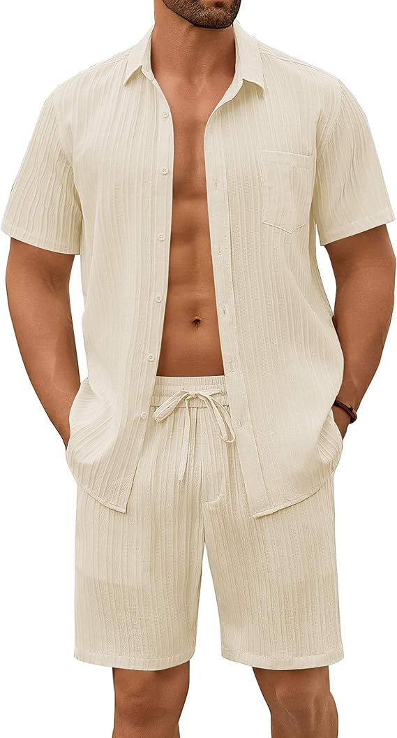 COOFANDY Mens Beach Outfits 2 Piece Sets Casual Short Sleeve Button Down Summer Textured Shirt