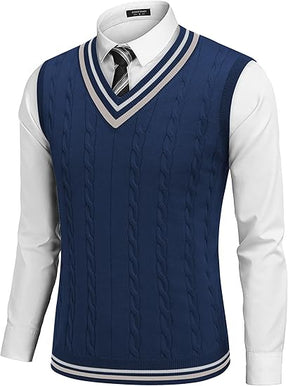 COOFANDY Men's Sweater Vest V Neck Casual Sleeveless Pullover Striped Cable Knit Sweater Vest