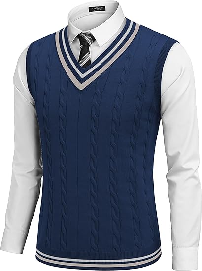 COOFANDY Men's Sweater Vest V Neck Casual Sleeveless Pullover Striped Cable Knit Sweater Vest