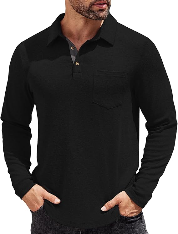 COOFANDY Men's Long Sleeve Polo Shirt Casual Dress Button Polo T Shirt with Pocket Basic Lightweight Collared Golf Shirt
