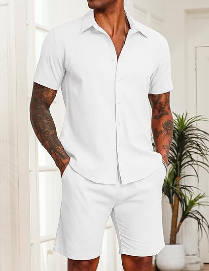 COOFANDY Men's 2 Pieces Cotton Linen Set Short Sleeve Button Down Shirts Summer Beach Shorts Casual Outfits