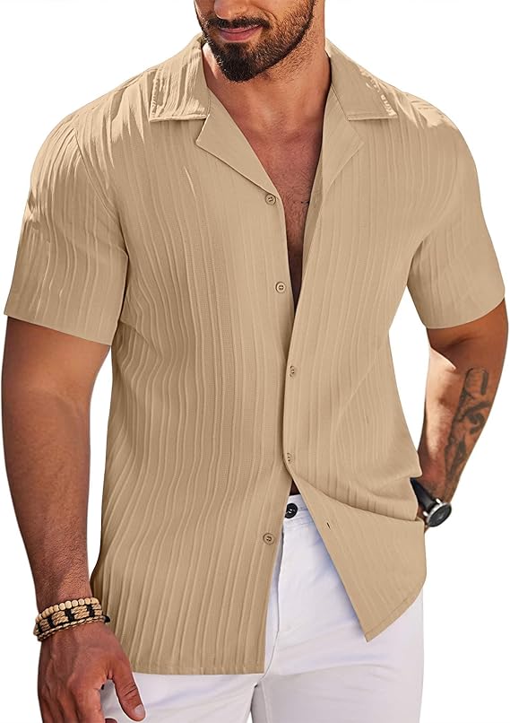 COOFANDY Men's Casual Short Sleeve Button Down Fashion Textured Summer Beach Shirt