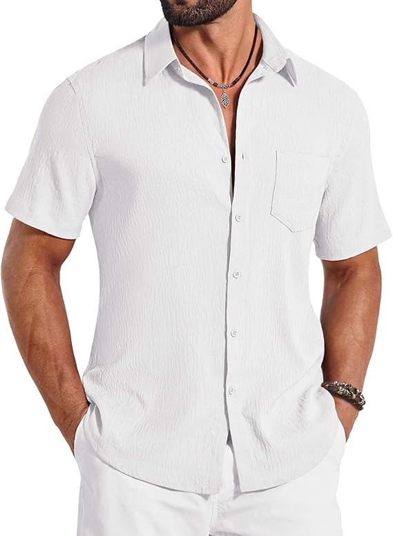 COOFANDY Mens Button Down Shirts Short Sleeve Shirt Casual Summer Beach Textured Shirts with Pocket