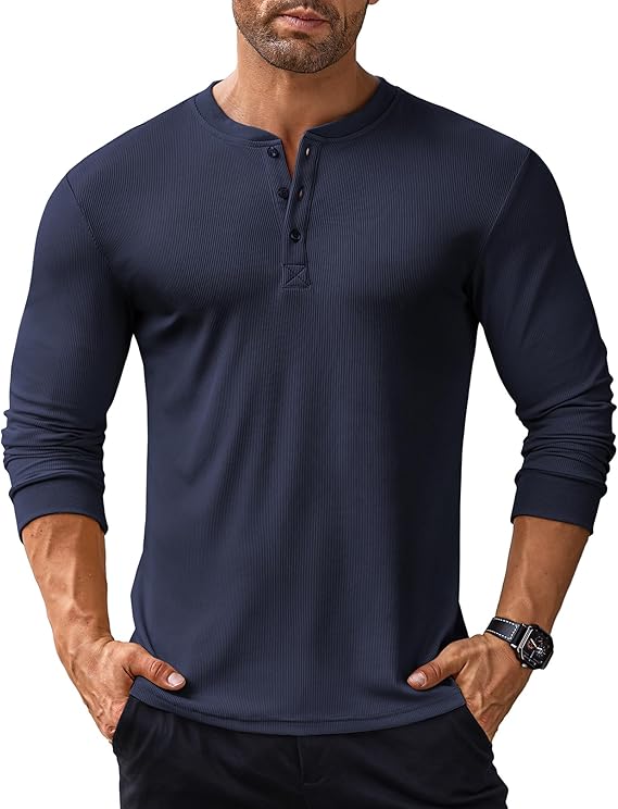 COOFANDY Men's Long Sleeve Henley Shirts Stretch Ribbed T-Shirts Fashion Casual Basic Tops