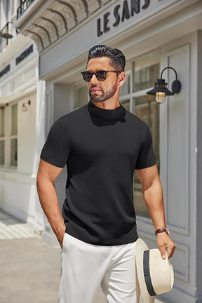 COOFANDY Men's Mock Turtleneck Sweater Short Sleeve Casual Knitted T-Shirts Thermal Tops Solid Basic Tee