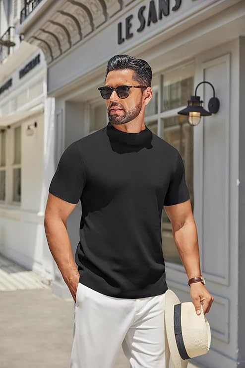 COOFANDY Men's Mock Turtleneck Sweater Short Sleeve Casual Knitted T-Shirts Thermal Tops Solid Basic Tee