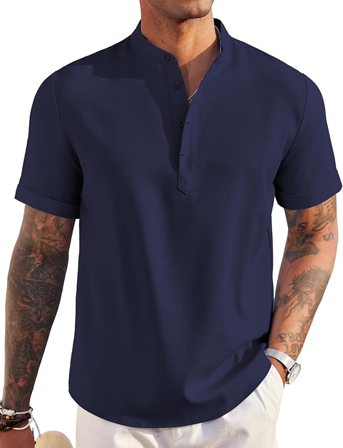 COOFANDY Men's Casual Cotton Shirts Band Collar Long Sleeve Beach Hippie T Shirts