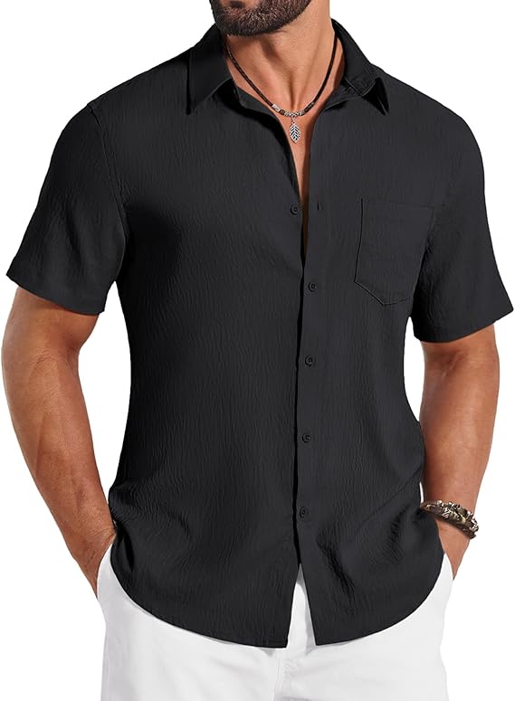COOFANDY Mens Button Down Shirts Short Sleeve Shirt Casual Summer Beach Textured Shirts with Pocket