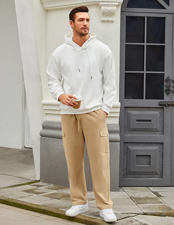 COOFANDY Mens Casual Cargo Pants Relaxed Fit Outdoor Hiking Pants Cotton Drawstring Sweatpants with Pockets, Khaki, Small
